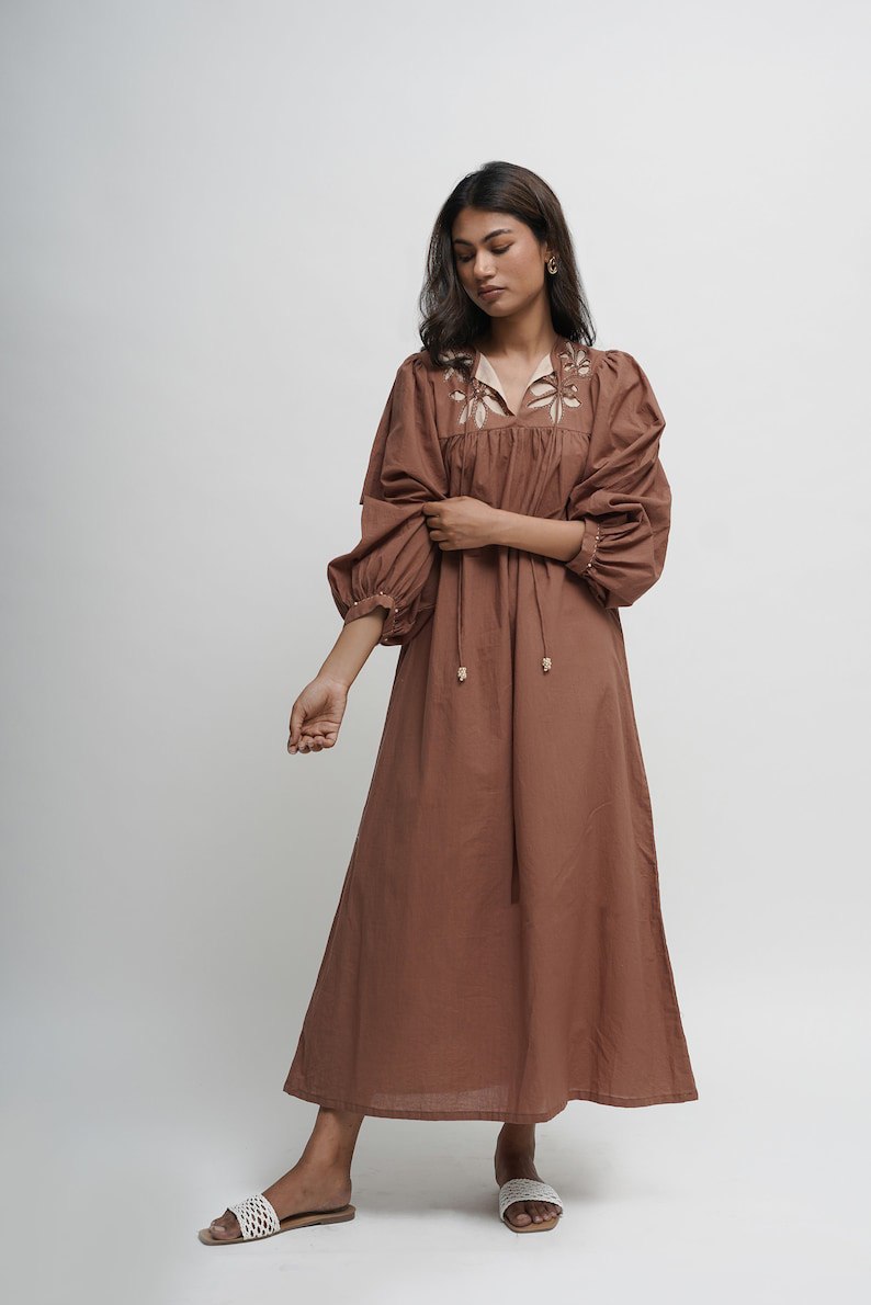 Cotton Comfortable Hand Embroidered Brown Loose Baggy Maxi Dress Hand VOGUE VISIONS BY JANKA LTD